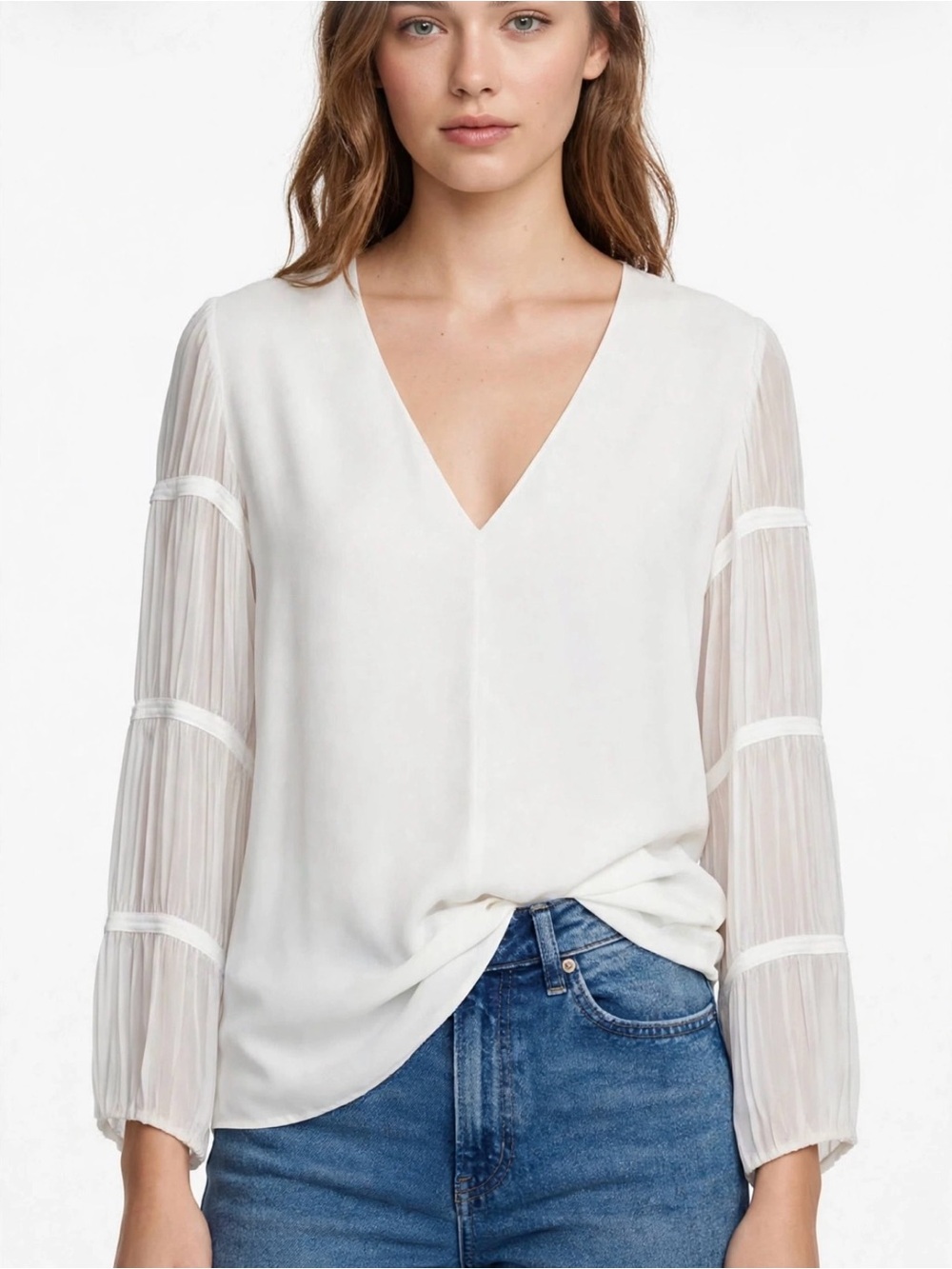 Massimo Dutti Cream V-Neck Blouse with Sheer Pleated Sleeves